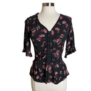 Velvet by Graham and Spencer Black‎ Floral Hook & Eye Front Top Women’s Small